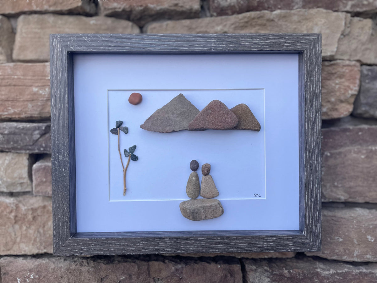 Couple in the Mountains Framed Pebble Art, 8 x 10 Unique Handmade Gift