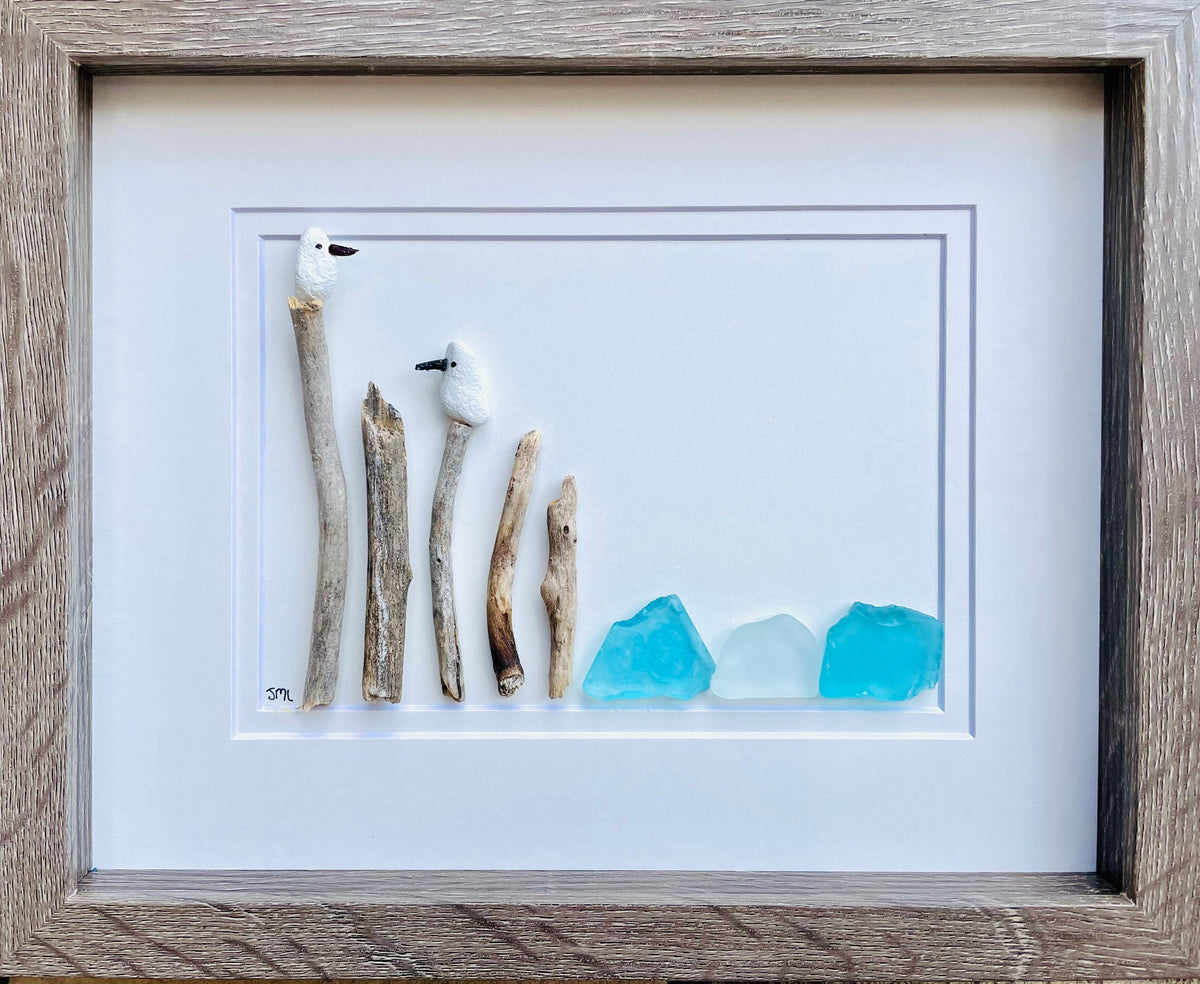 Seagulls at the Shore, 8x10 Framed Pebble &amp; Sea Glass Art, Handmade Original Artwork, Perfect Coastal Decor for Beach House or Lake House