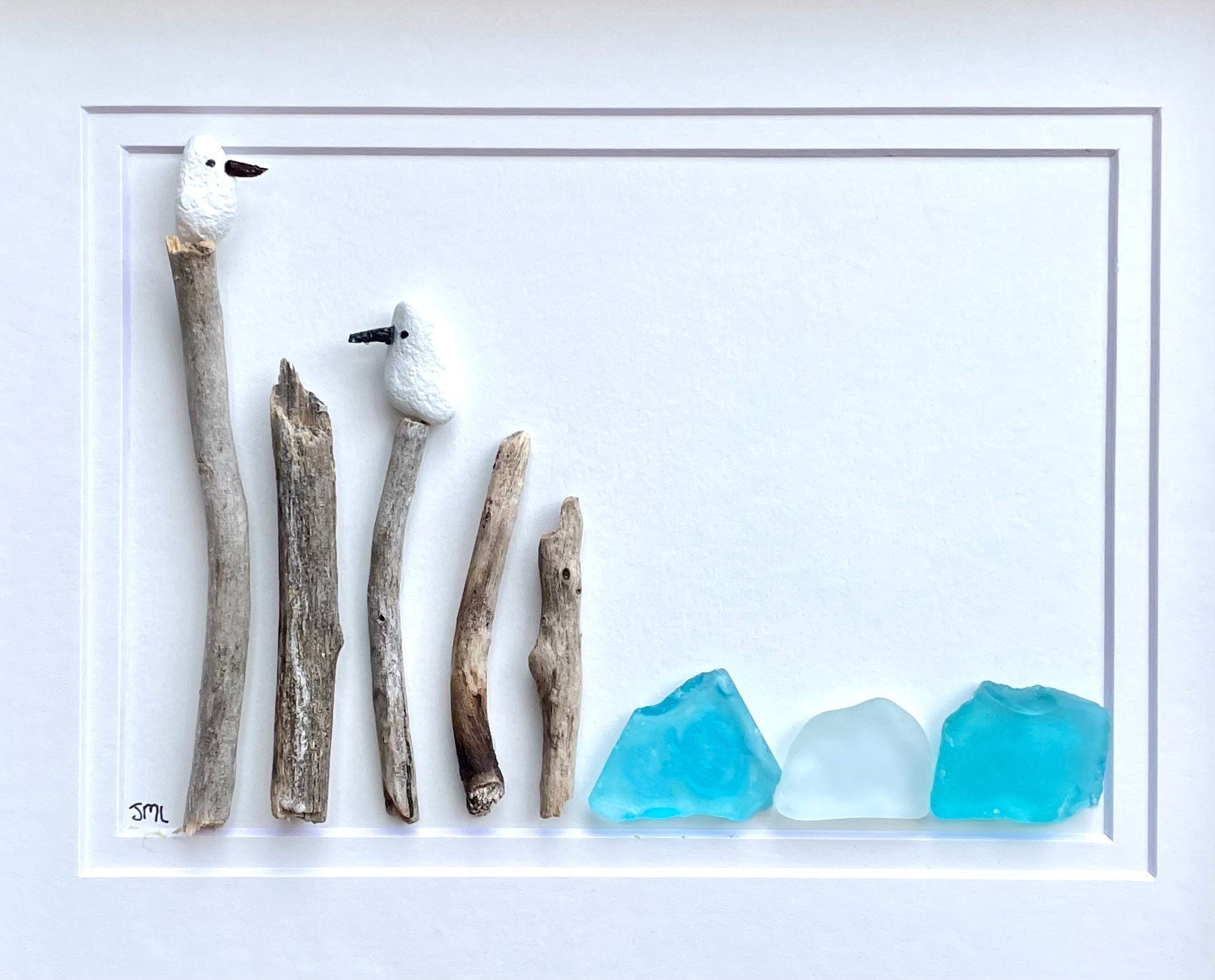 Seagull Pebble & Sea Glass Art, Framed Coastal Decor (8x10)