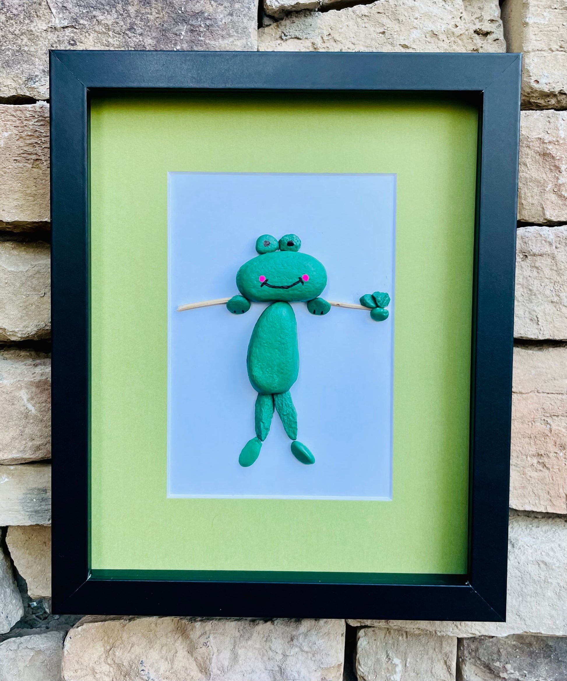 Frog Pebble Art | Painted Green Frog | Artwork for Nursery | Gift for Child | Farmyard Art | Animal Art | 8x10 Pebble Art