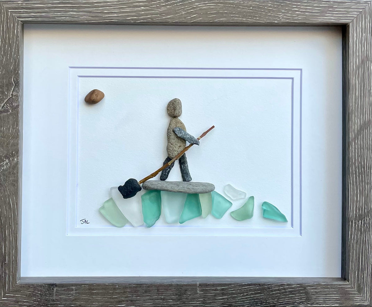 Paddle Boarding Sea Glass &amp; Pebble Artwork, 9x9 Framed Handmade Gift for Paddle Boarder
