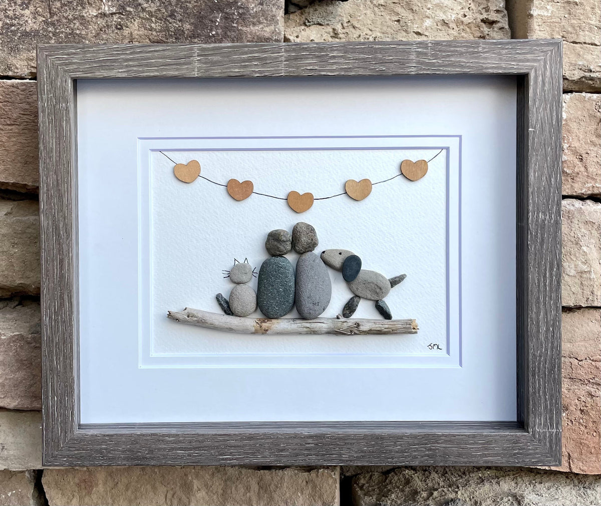 Couple with Cat and Dog Pebble Art, 9x9” Handmade Framed Pet Artwork, Perfect Gift for Animal Lovers, Pet Owners, Gift for Her