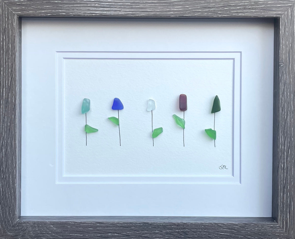 Flowers on a Shelf | Plants on Shelves | Colorful Flowers | Shells &amp; Pottery | Original Handmade Beach Artwork | 8x8 Sea Glass Art