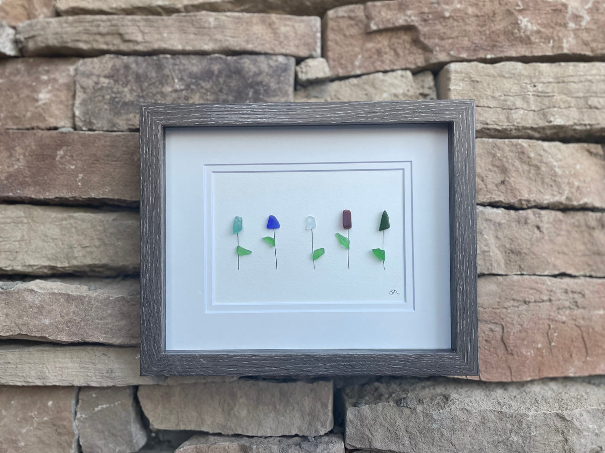 Flowers on a Shelf | Plants on Shelves | Colorful Flowers | Shells &amp; Pottery | Original Handmade Beach Artwork | 8x8 Sea Glass Art