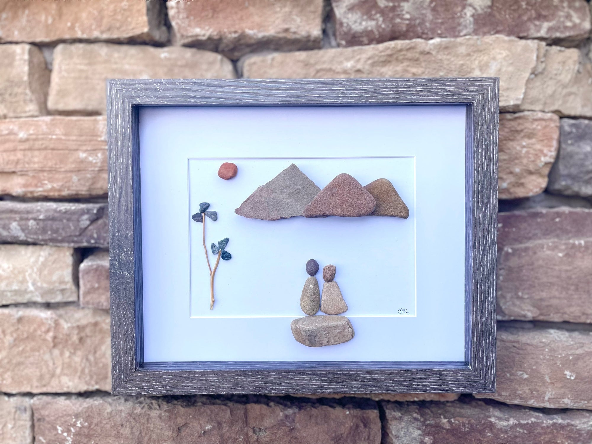 Couple in the Mountains Framed Pebble Art, 8 x 10 Unique Handmade Gift