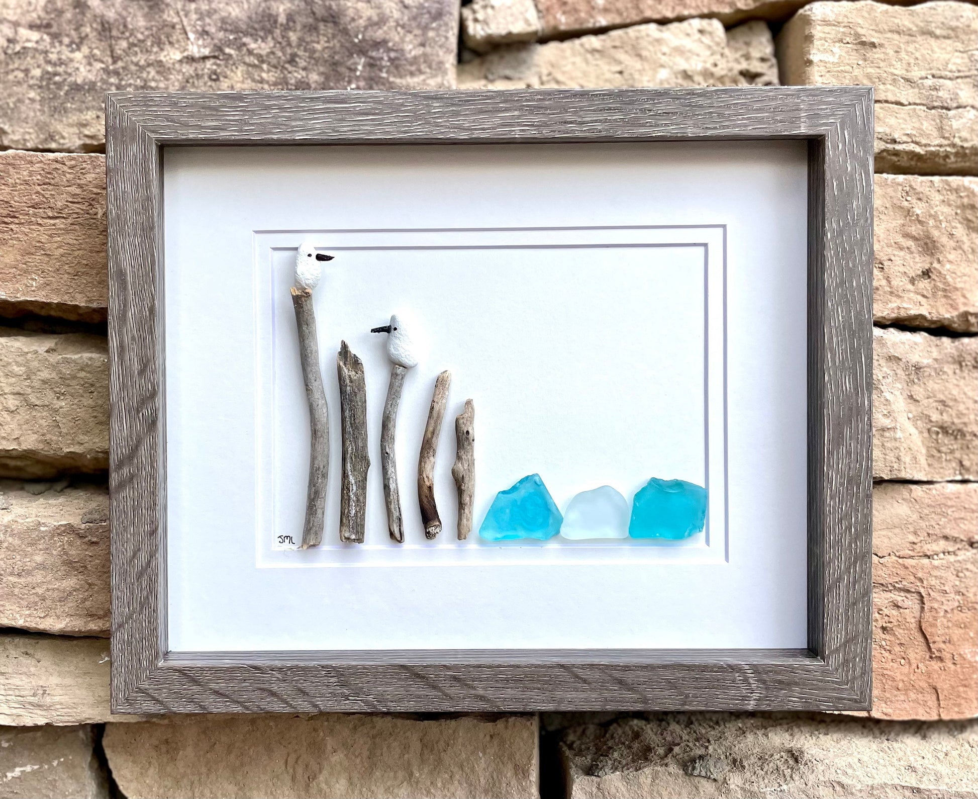 Seagull Pebble & Sea Glass Art, Framed Coastal Decor (8x10)