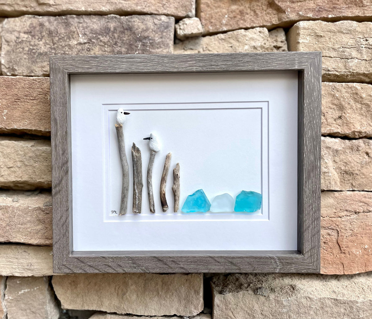 Seagulls at the Shore, 8x10 Framed Pebble &amp; Sea Glass Art, Handmade Original Artwork, Perfect Coastal Decor for Beach House or Lake House