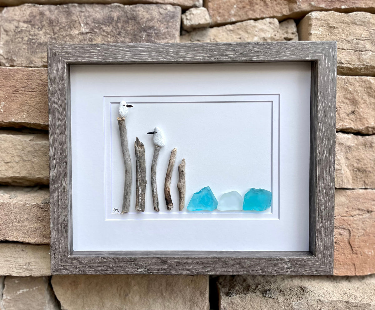 Seagulls at the Shore, 8x10 Framed Pebble &amp; Sea Glass Art, Handmade Original Artwork, Perfect Coastal Decor for Beach House or Lake House