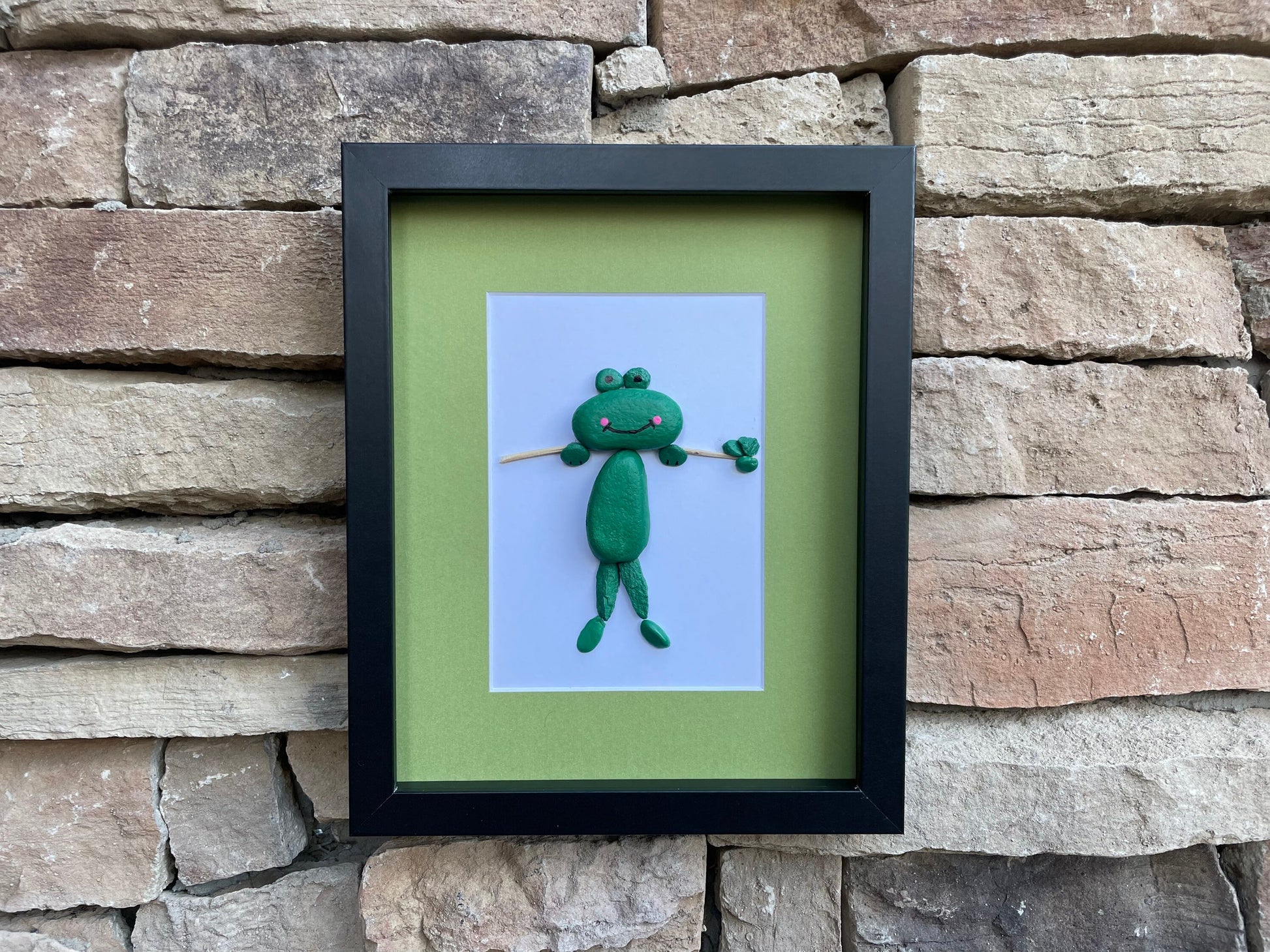 Frog Pebble Art | Painted Green Frog | Artwork for Nursery | Gift for Child | Farmyard Art | Animal Art | 8x10 Pebble Art