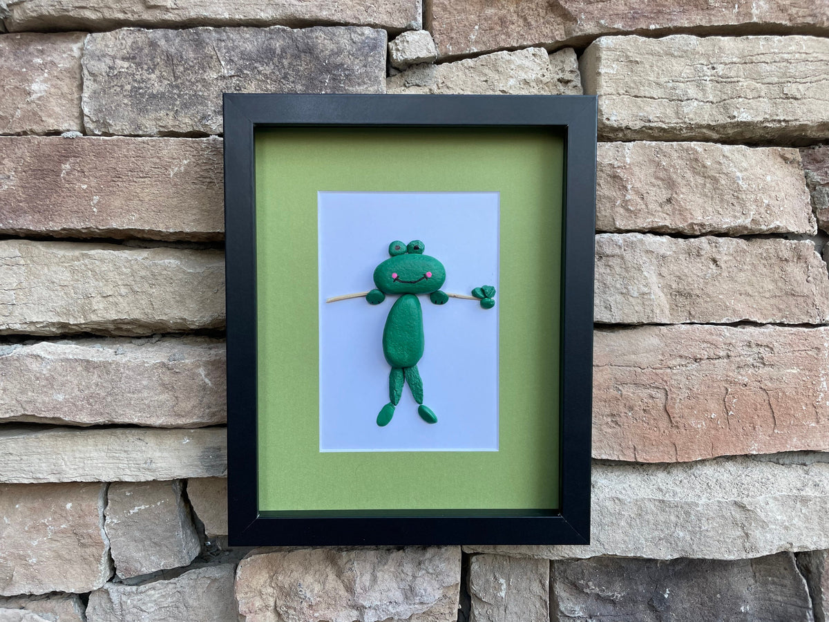 Painted Frog Pebble Artwork, 8x10 Framed Original Artwork, Nursery Art, Gift for Child, Farmyard Art