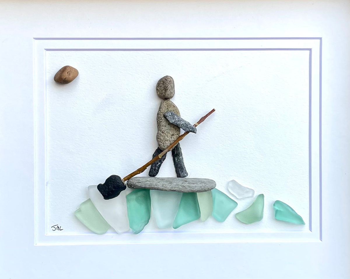 Paddle Boarding Sea Glass &amp; Pebble Artwork, 9x9 Framed Handmade Gift for Paddle Boarder