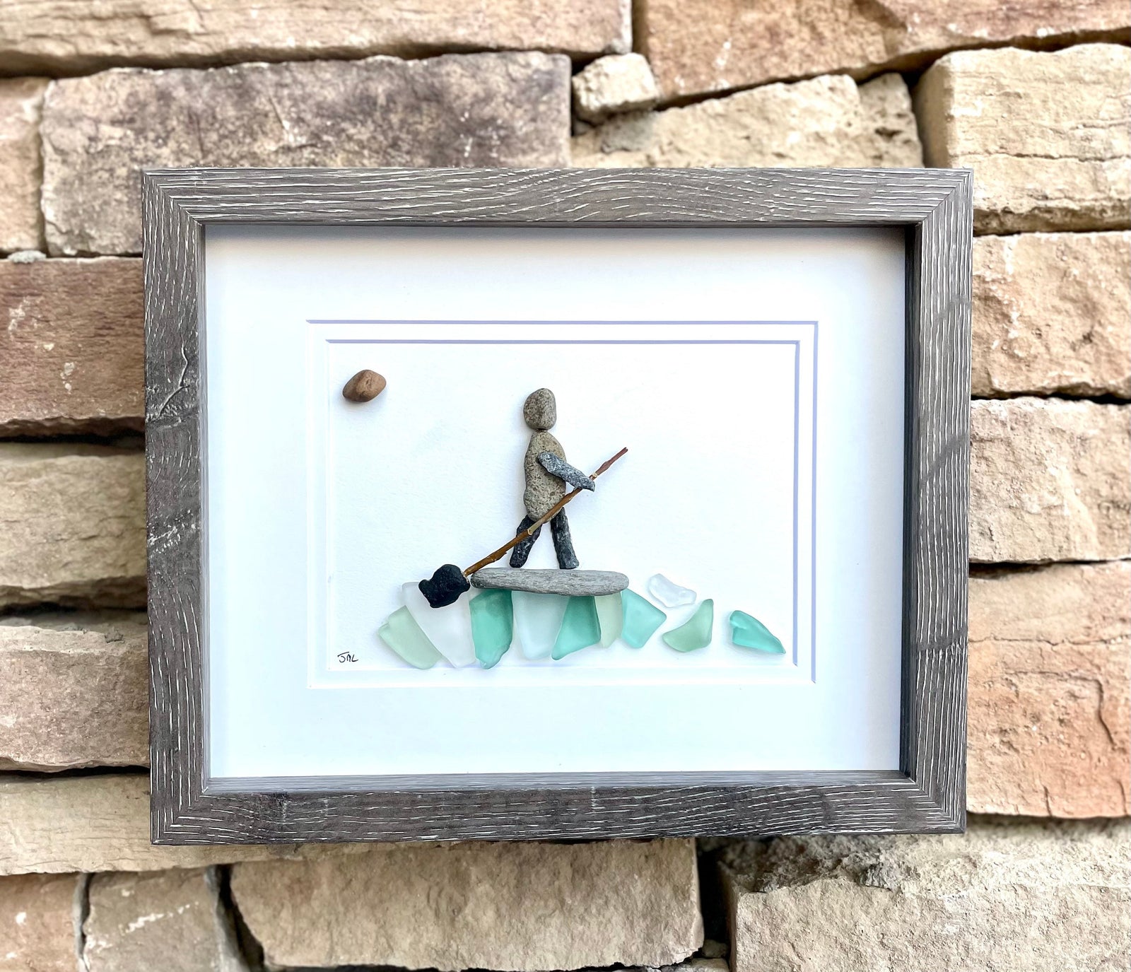 Paddle Boarding Sea Glass & Pebble Artwork, 9x9 Framed Handmade Gift for Paddle Boarder