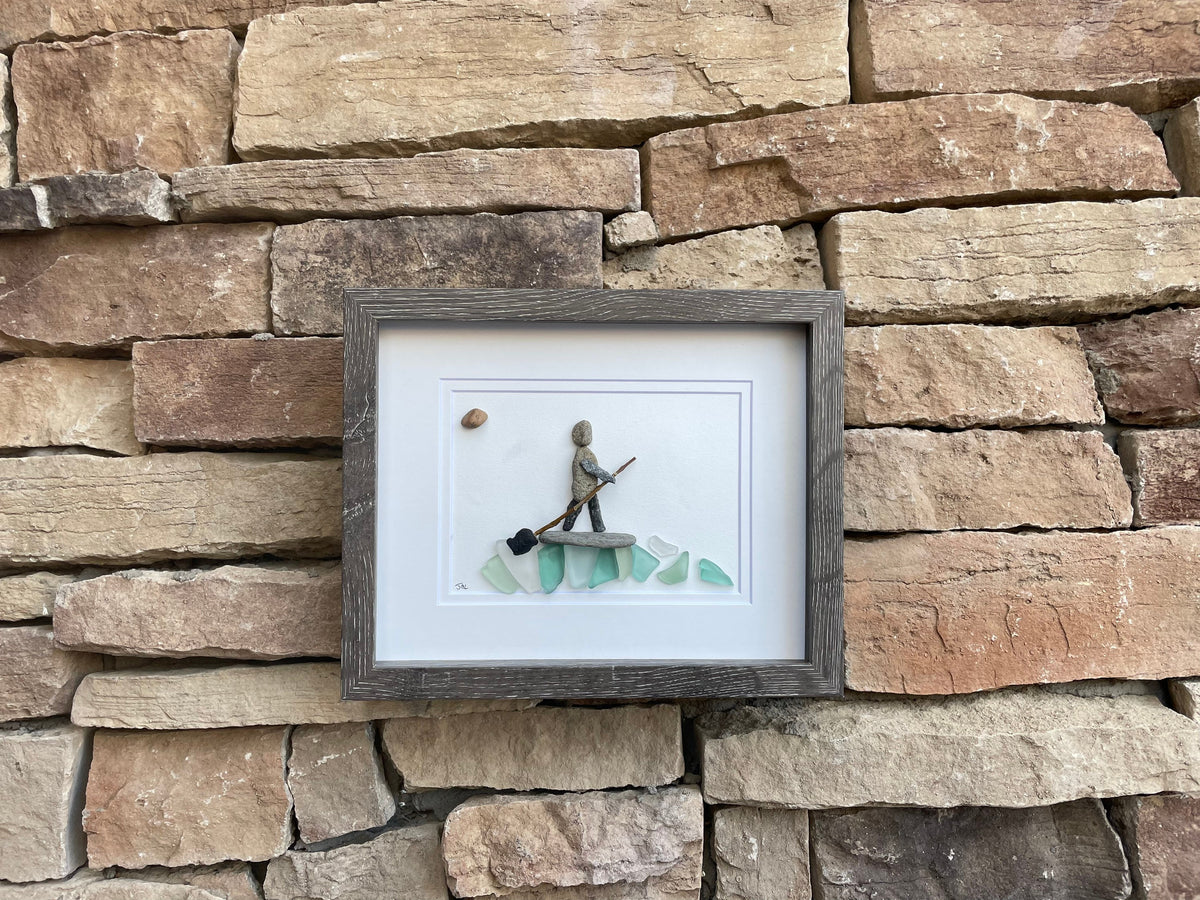 Paddle Boarding Sea Glass &amp; Pebble Artwork, 9x9 Framed Handmade Gift for Paddle Boarder