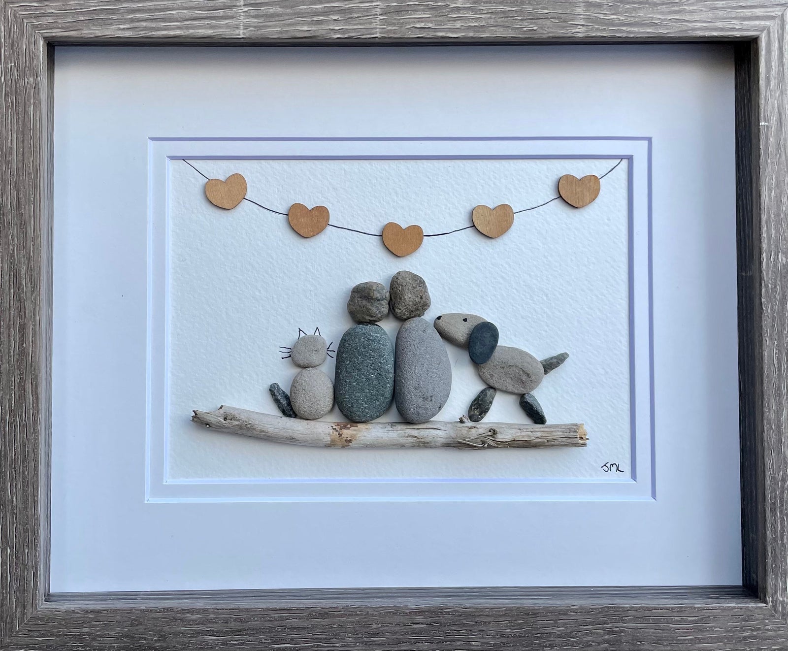 Couple with Cat and Dog Pebble Art, 9x9” Handmade Framed Pet Artwork, Perfect Gift for Animal Lovers, Pet Owners, Gift for Her