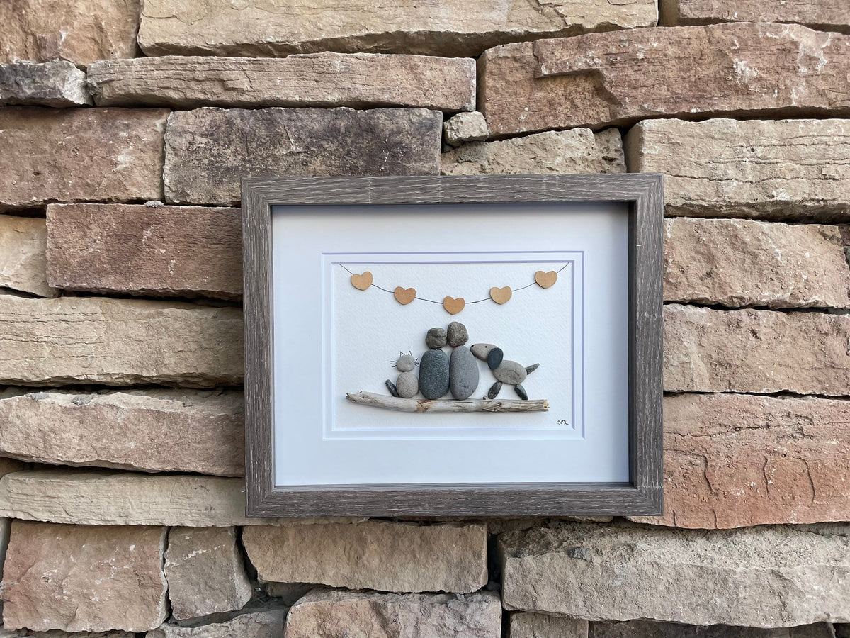 Couple with Cat and Dog Pebble Art, 9x9” Handmade Framed Pet Artwork, Perfect Gift for Animal Lovers, Pet Owners, Gift for Her