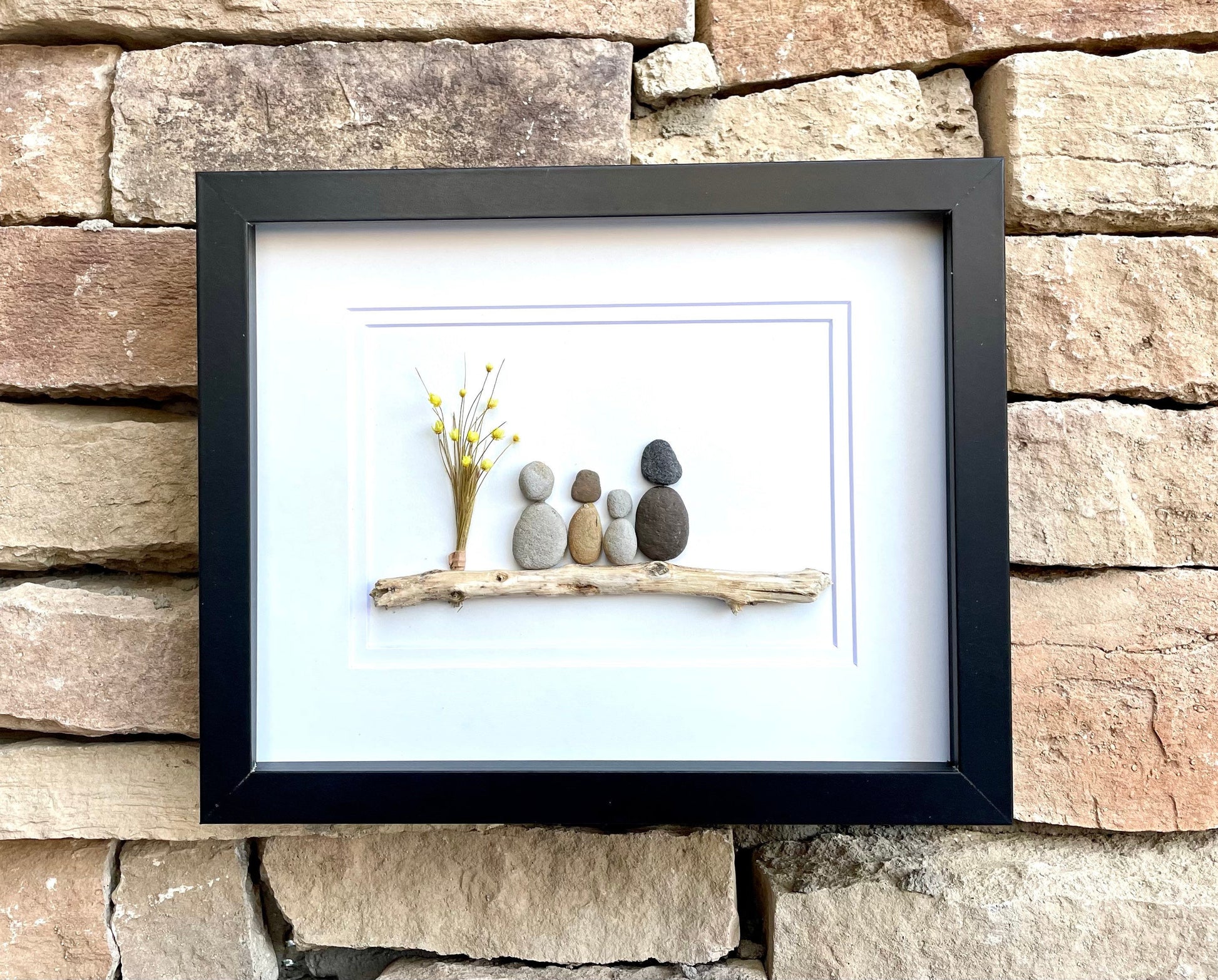 Family of Four with Flowers | Personalized Family Name Option | Original Handmade Artwork | Gift for Family, Mom, Dad | 8x10 Pebble Art