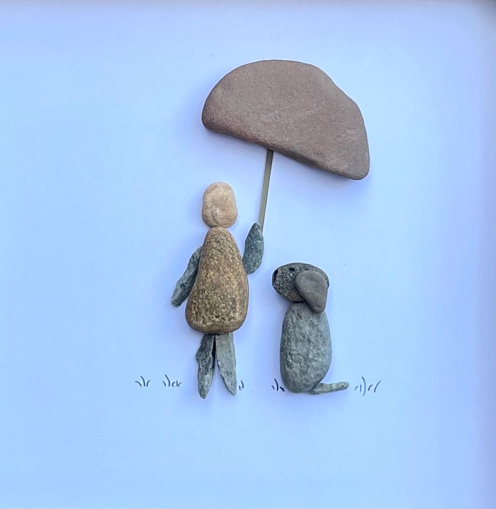Dog Owner Sheltering Dog From Rain | Umbrella and a Dog | Framed Handmade Pebble Art | Gift for Dog Lovers | 8x8 Pebble Art