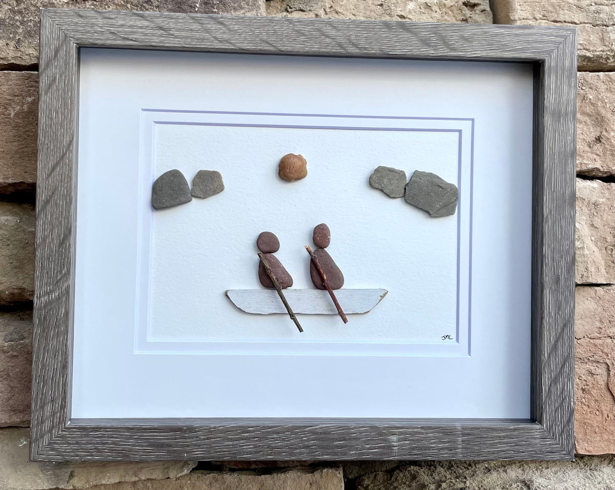 Couple in a Rowboat - Original Pebble Artwork - Gift for Sailors / Canoeists / Kayakers