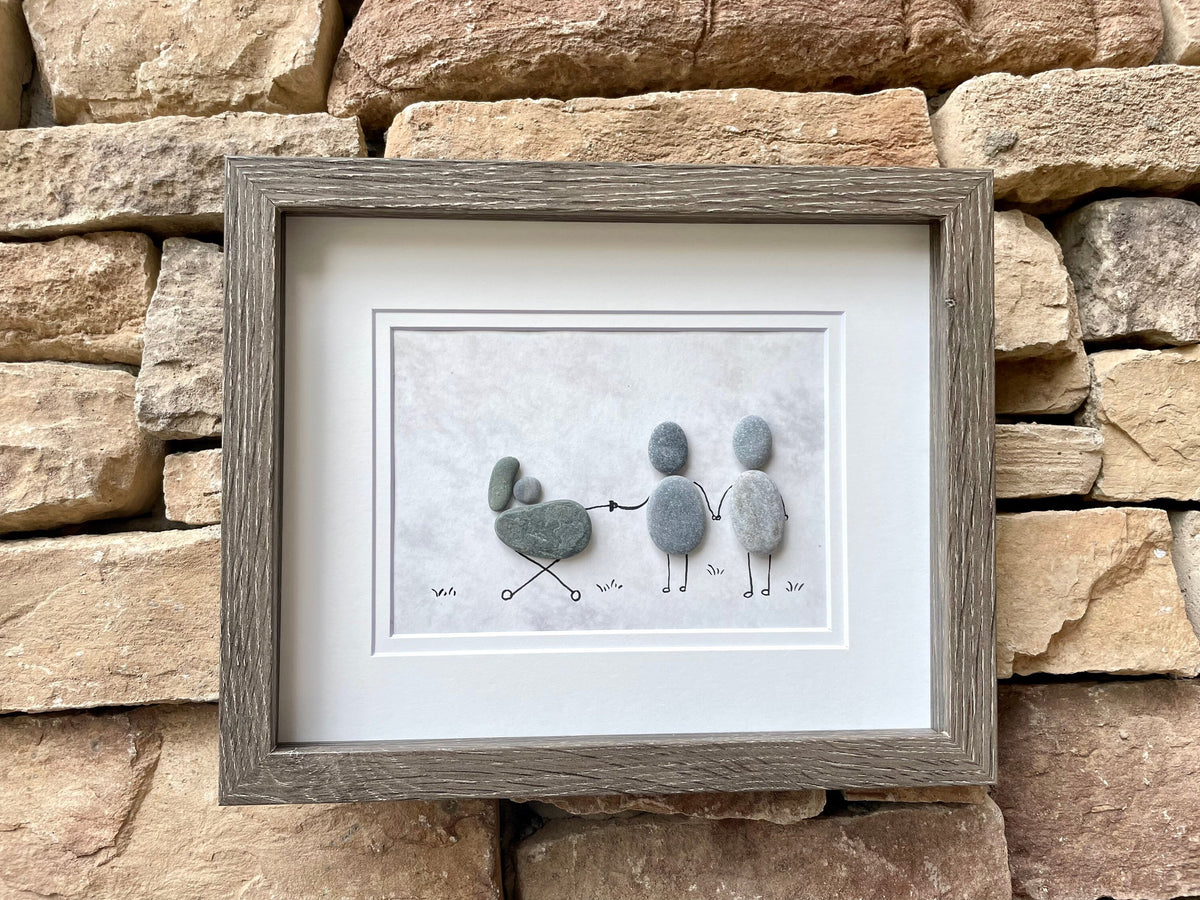 Personalized New Baby Pebble Art, 8x10 Framed Picture of Couple with Baby in Stroller, Perfect Gift for New Parents