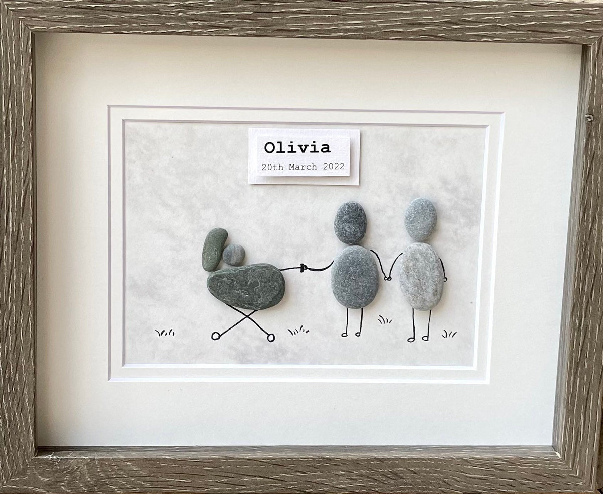 Personalized New Baby Pebble Art, 8x10 Framed Picture of Couple with Baby in Stroller, Perfect Gift for New Parents