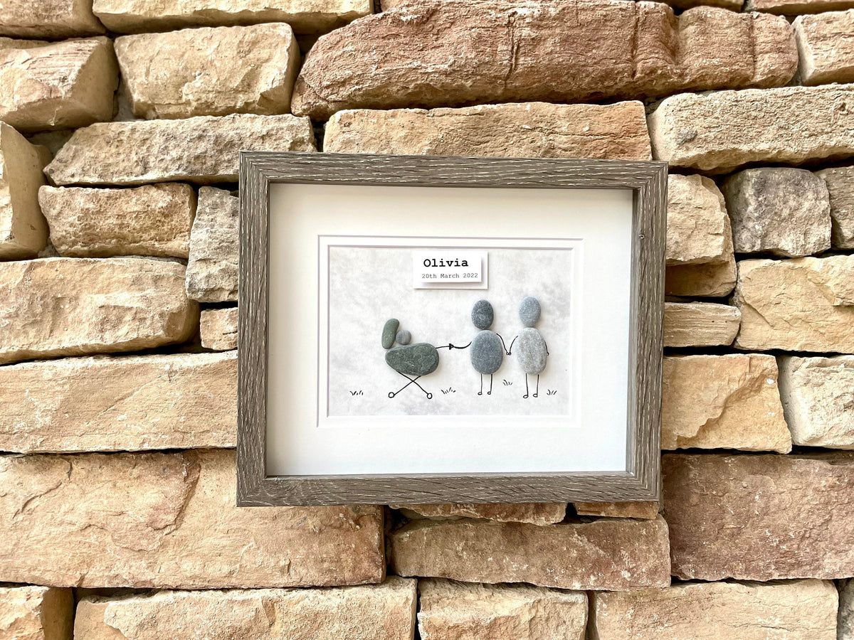 Personalized New Baby Pebble Art, 8x10 Framed Picture of Couple with Baby in Stroller, Perfect Gift for New Parents