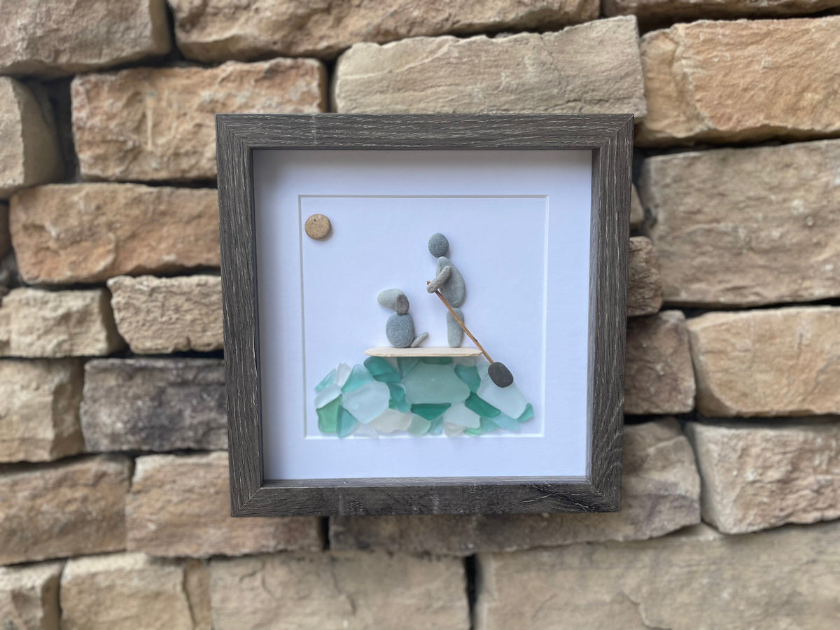 Paddle Boarding With Dog Framed Sea Glass and Pebble Art, ~ 9 x 9 inches