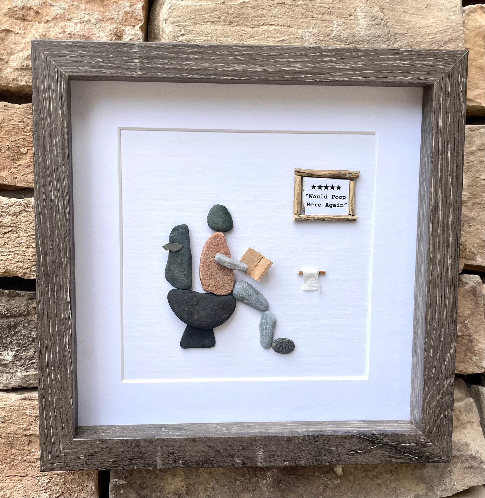 Five Stars Would Poop Here Again Bathroom Art, 9x9 Framed Handmade Pebble Art, Perfect Funny Gift for Housewarming, Anniversary, Birthday