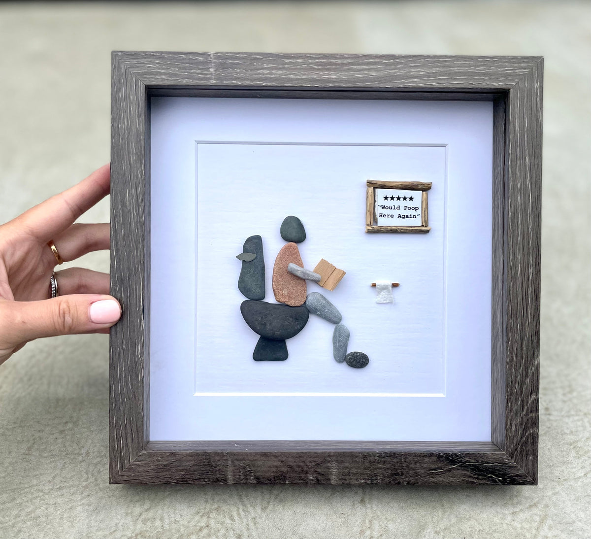 Five Stars Would Poop Here Again Bathroom Art, 9x9 Framed Handmade Pebble Art, Perfect Funny Gift for Housewarming, Anniversary, Birthday