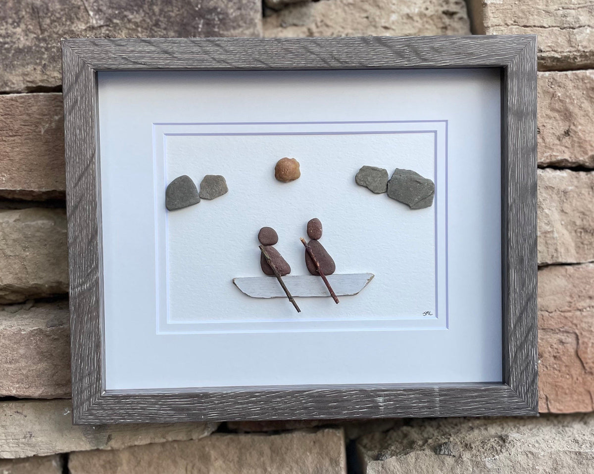 Couple in a Rowboat - Original Pebble Artwork - Gift for Sailors / Canoeists / Kayakers