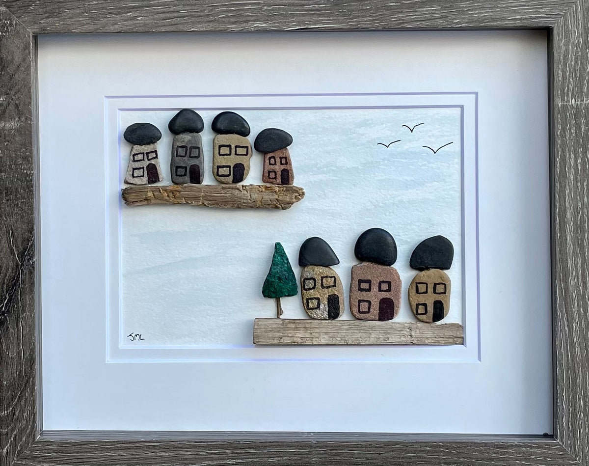 Pebble Houses on the Water — Original Pebble Artwork — Perfect Summer Gift