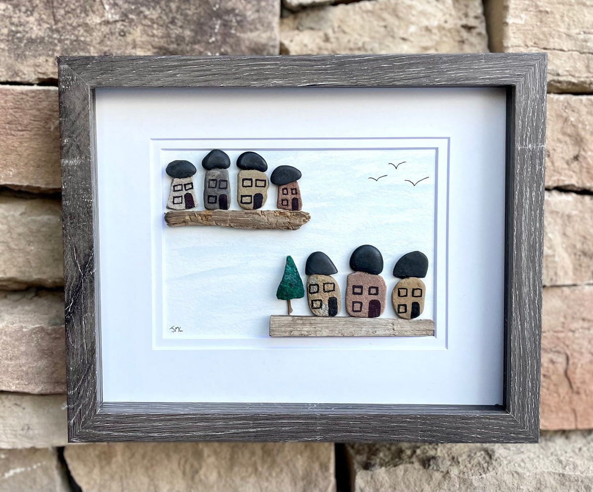 Pebble Houses on the Water — Original Pebble Artwork — Perfect Summer Gift