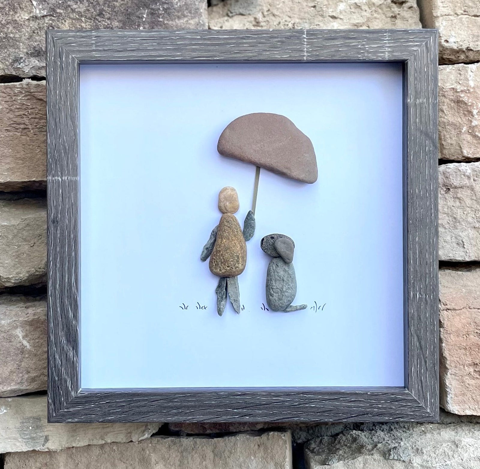 Dog Owner Sheltering Dog From Rain, 9x9 Framed Handmade Pebble Art, Perfect Unique Gift for Dog Lover