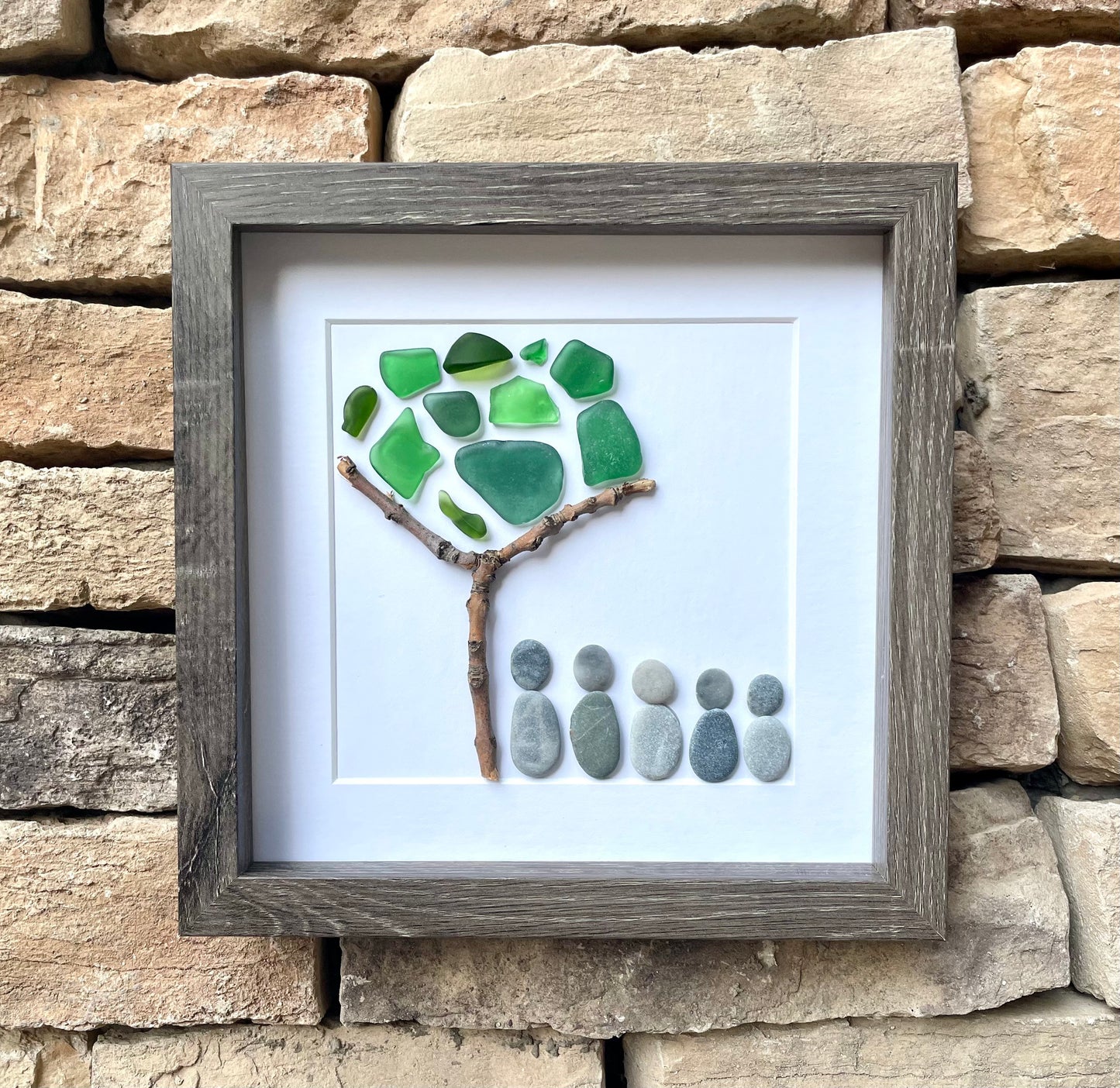 Family of Five Pebble and Sea Glass Art - Personalized Family Name Option - Handmade Original Artwork - Great Personalized Gift