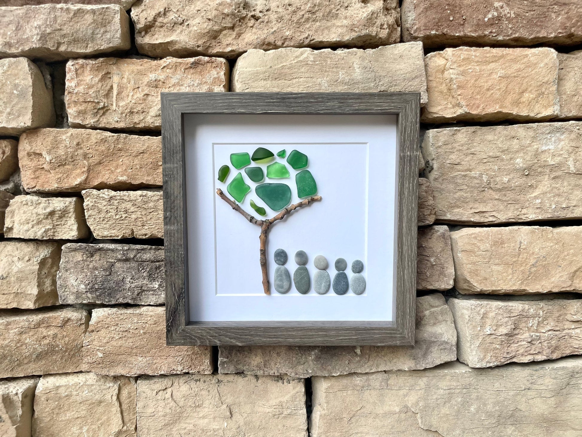 Family of Five Pebble and Sea Glass Art - Personalized Family Name Option - Handmade Original Artwork - Great Personalized Gift