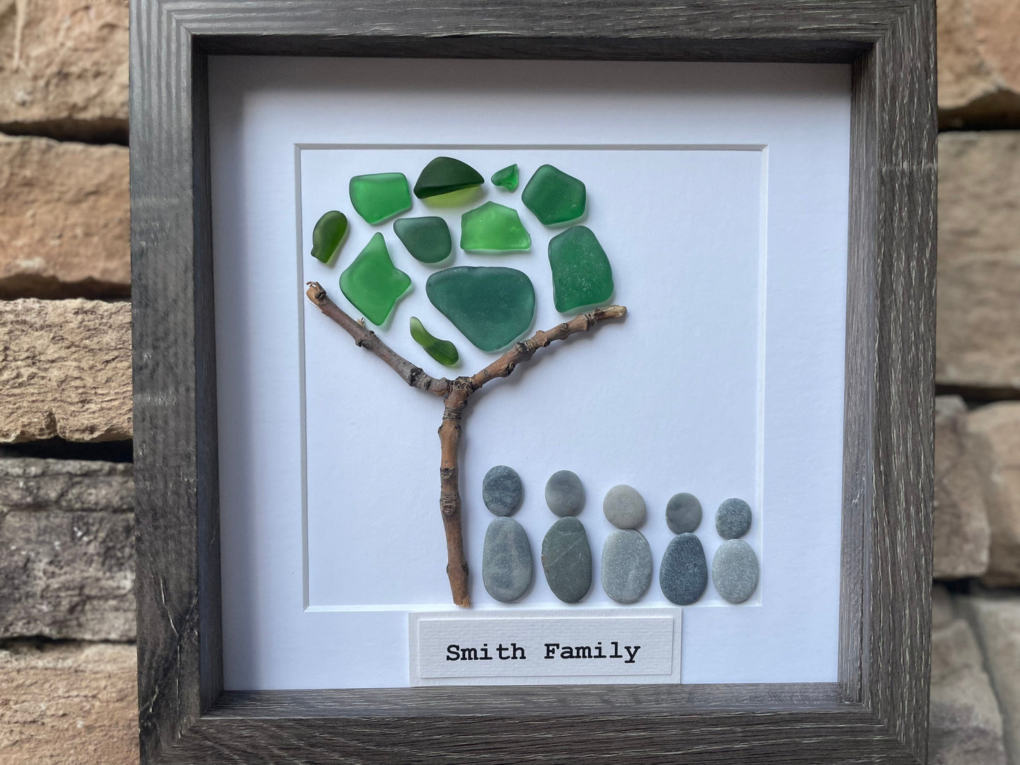 Family of Five Pebble and Sea Glass Art - Personalized Family Name Option - Handmade Original Artwork - Great Personalized Gift