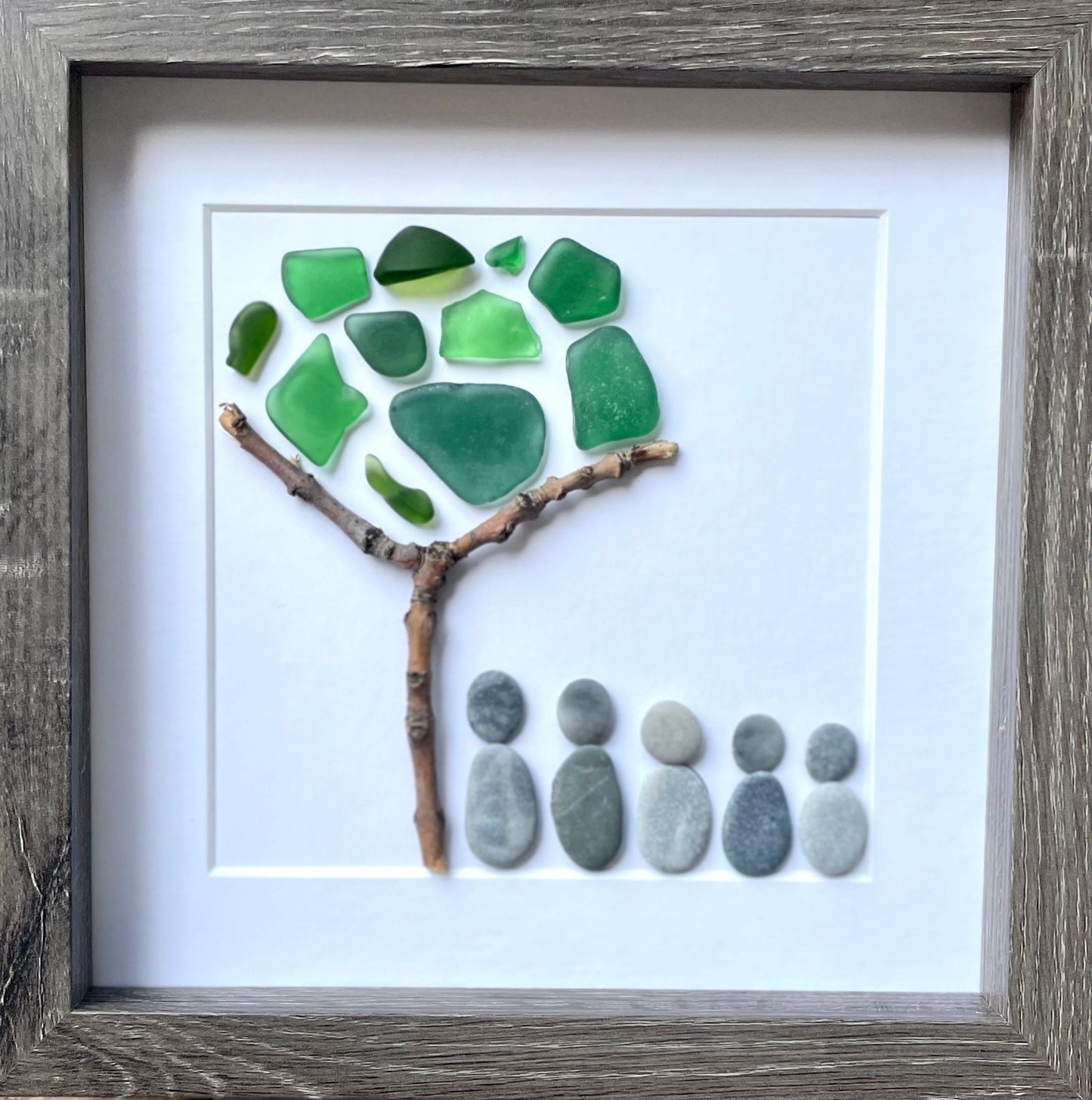 Family of Five Pebble and Sea Glass Art - Personalized Family Name Option - Handmade Original Artwork - Great Personalized Gift