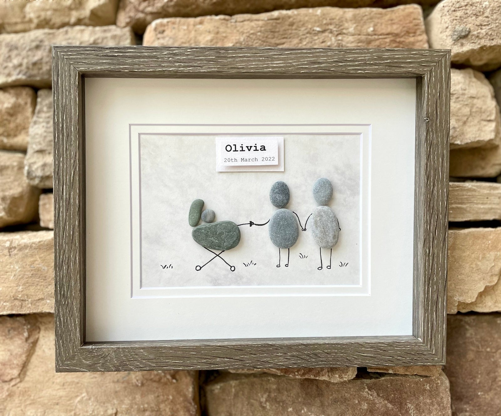 Personalized New Baby Pebble Art, 8x10 Framed Picture of Couple with Baby in Stroller, Perfect Gift for New Parents