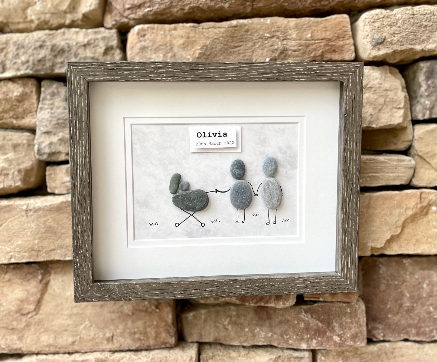 Personalized New Baby Pebble Art, 8x10 Framed Picture of Couple with Baby in Stroller, Perfect Gift for New Parents
