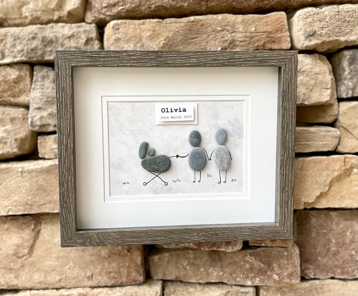 Personalized New Baby Pebble Art, 8x10 Framed Picture of Couple with Baby in Stroller, Perfect Gift for New Parents