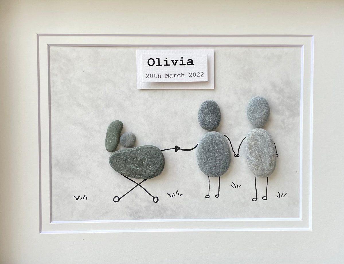 Personalized New Baby Pebble Art, 8x10 Framed Picture of Couple with Baby in Stroller, Perfect Gift for New Parents