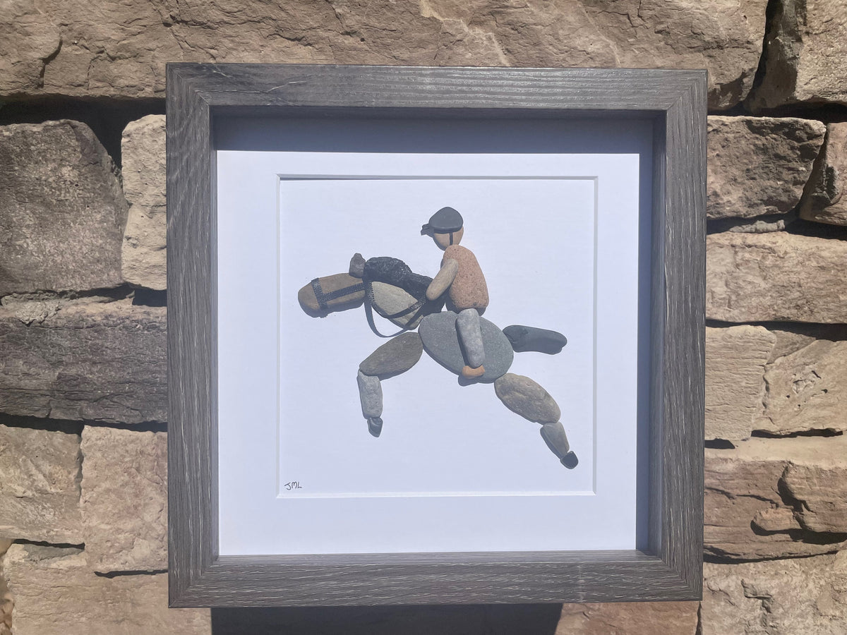 Horse Riding Wall Decor - Original Handmade Artwork - Framed Pebble Mosaic - Perfect Gift for Horse Rider