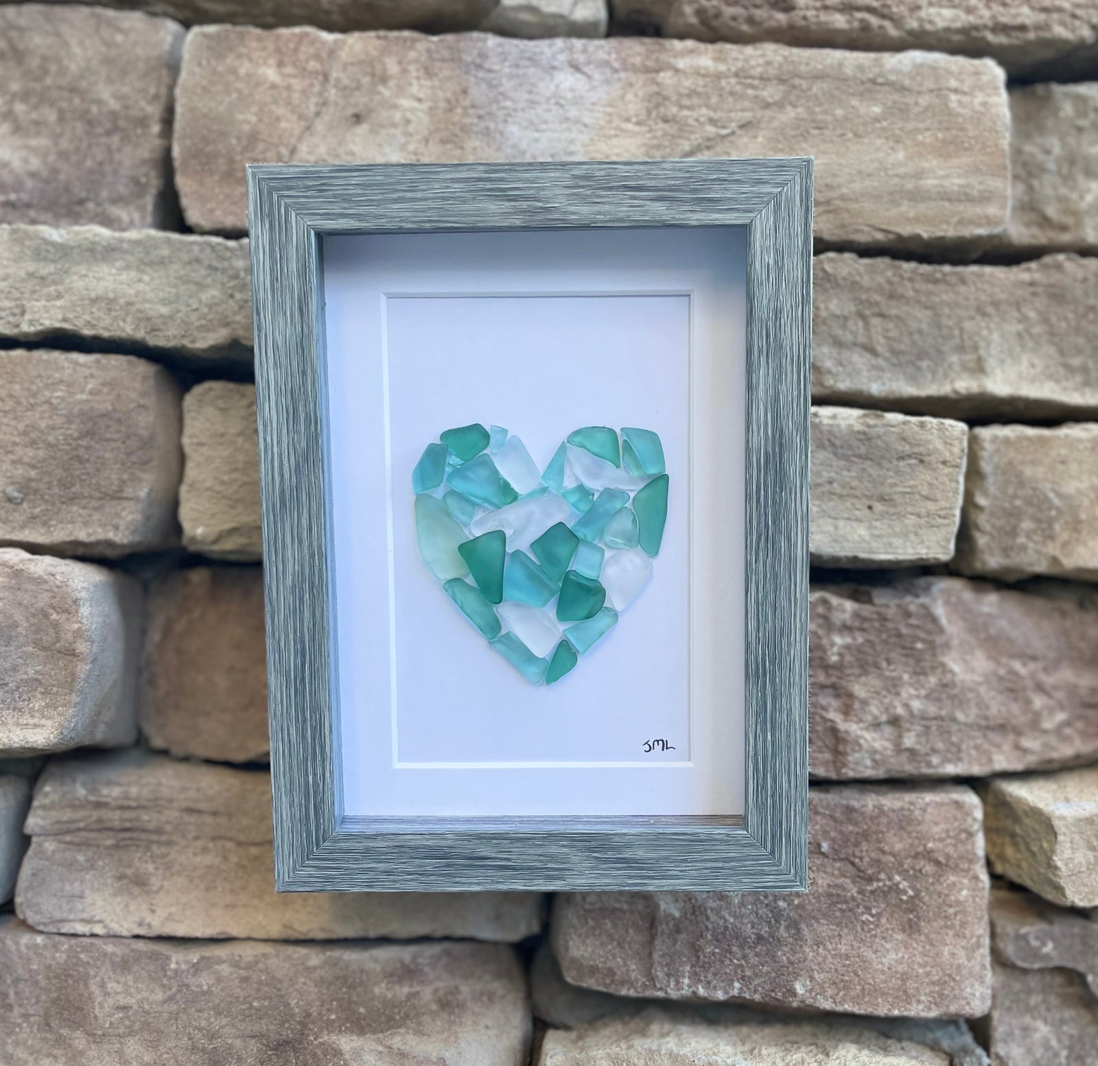 Sea Glass Love Heart Art | 5x7 Framed Original Heart Art in Shades of Blue & Teal | Beach Lover Gift or Coastal Wall Decor | Gift for Friend