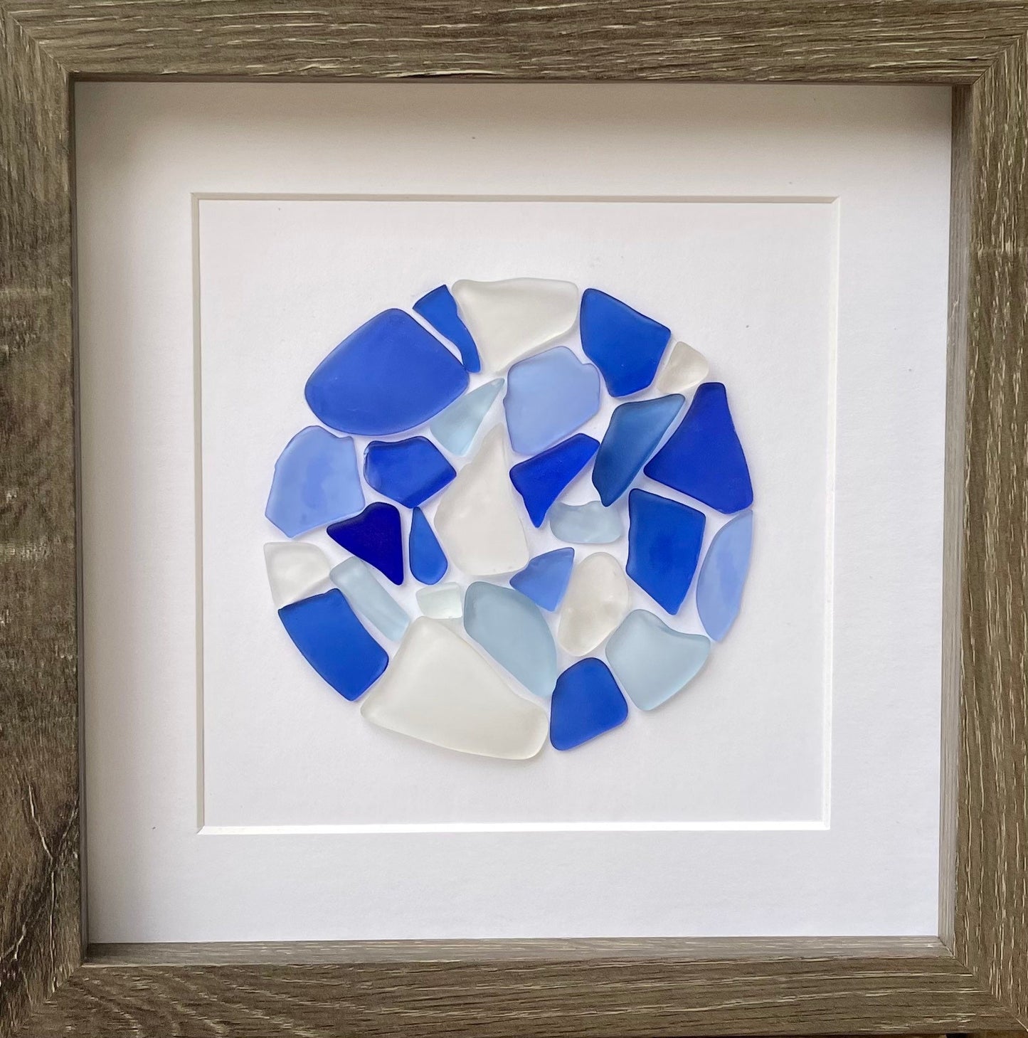 Sea Glass Circle Mosaic in Rare Shades of Teal and Blue - Framed Original Artwork - Perfect Minimalist Beach Decor