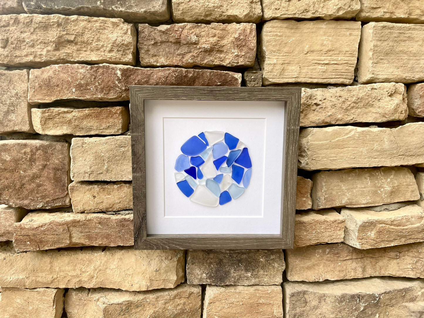 Sea Glass Circle Mosaic in Rare Shades of Teal and Blue - Framed Original Artwork - Perfect Minimalist Beach Decor