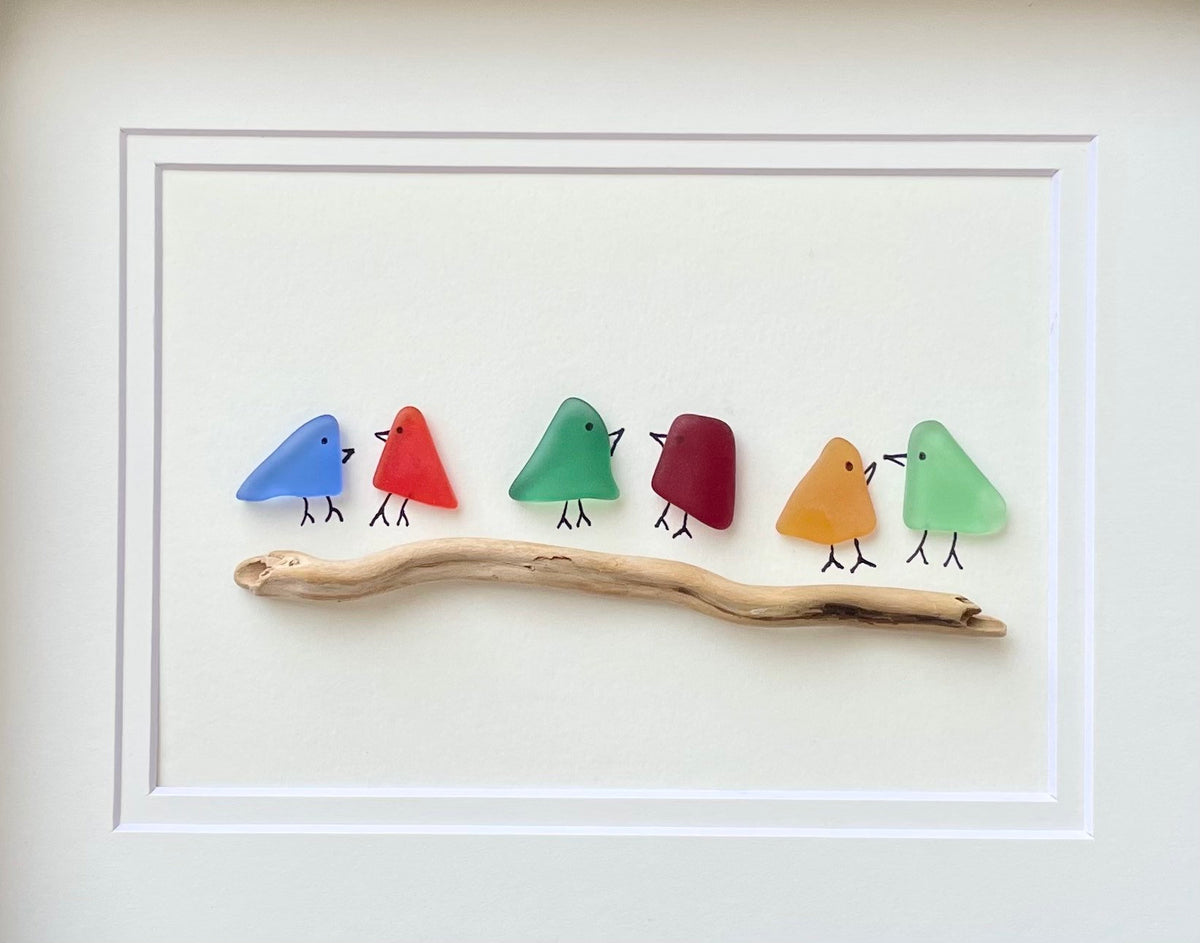 Sea Glass Rainbow Birds Framed 8x10 Original Handmade Artwork, Minimalist Coastal Wall Decor
