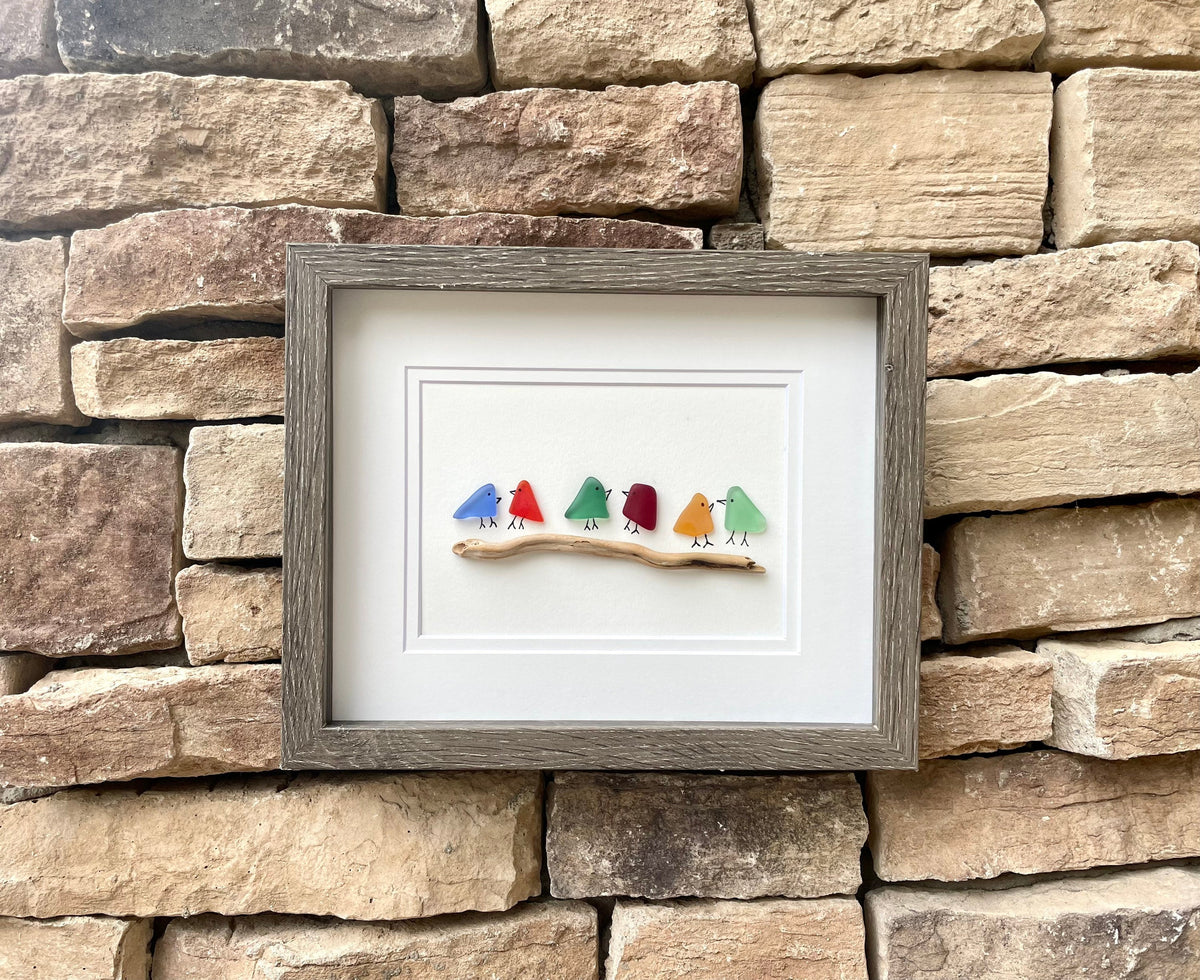 Sea Glass Rainbow Birds Framed 8x10 Original Handmade Artwork, Minimalist Coastal Wall Decor