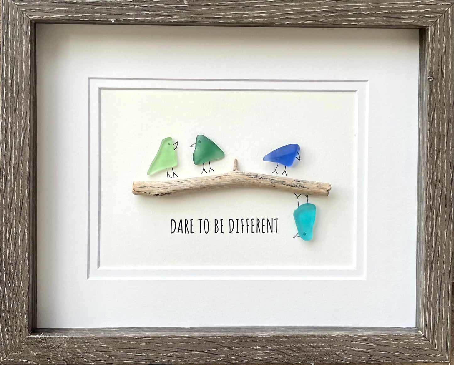 Dare To Be Different Inspirational Sea Glass Art, 8x10 Framed Original Artwork, Gift for Friend or Family