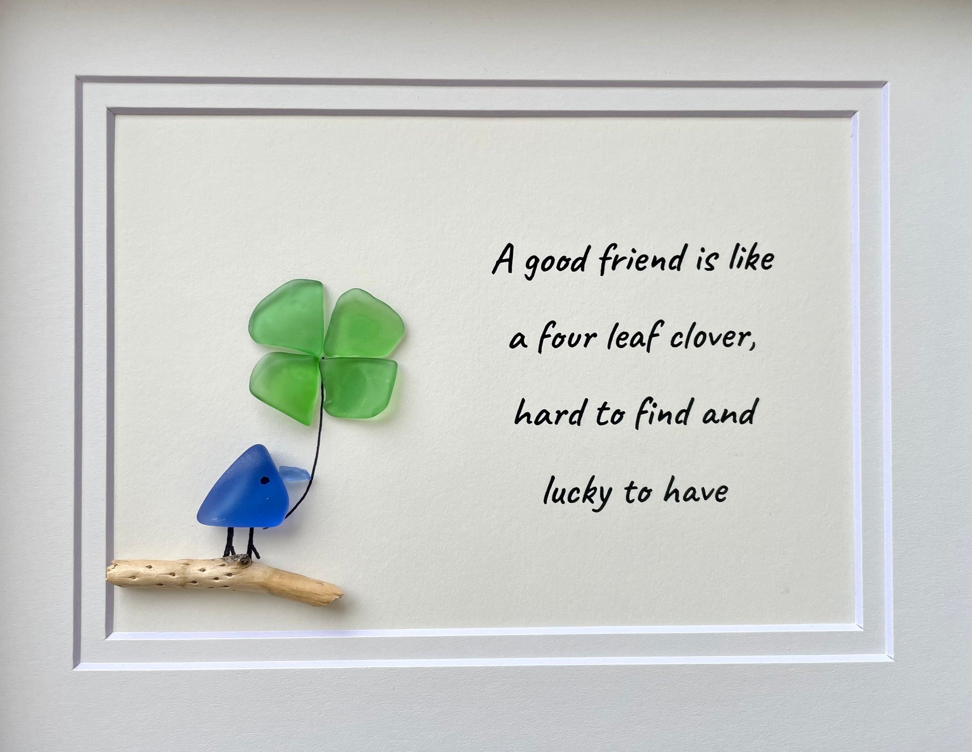 Sea Glass Art - Four Leaf Clover, St Patrick's Day, Framed Handmade Artwork