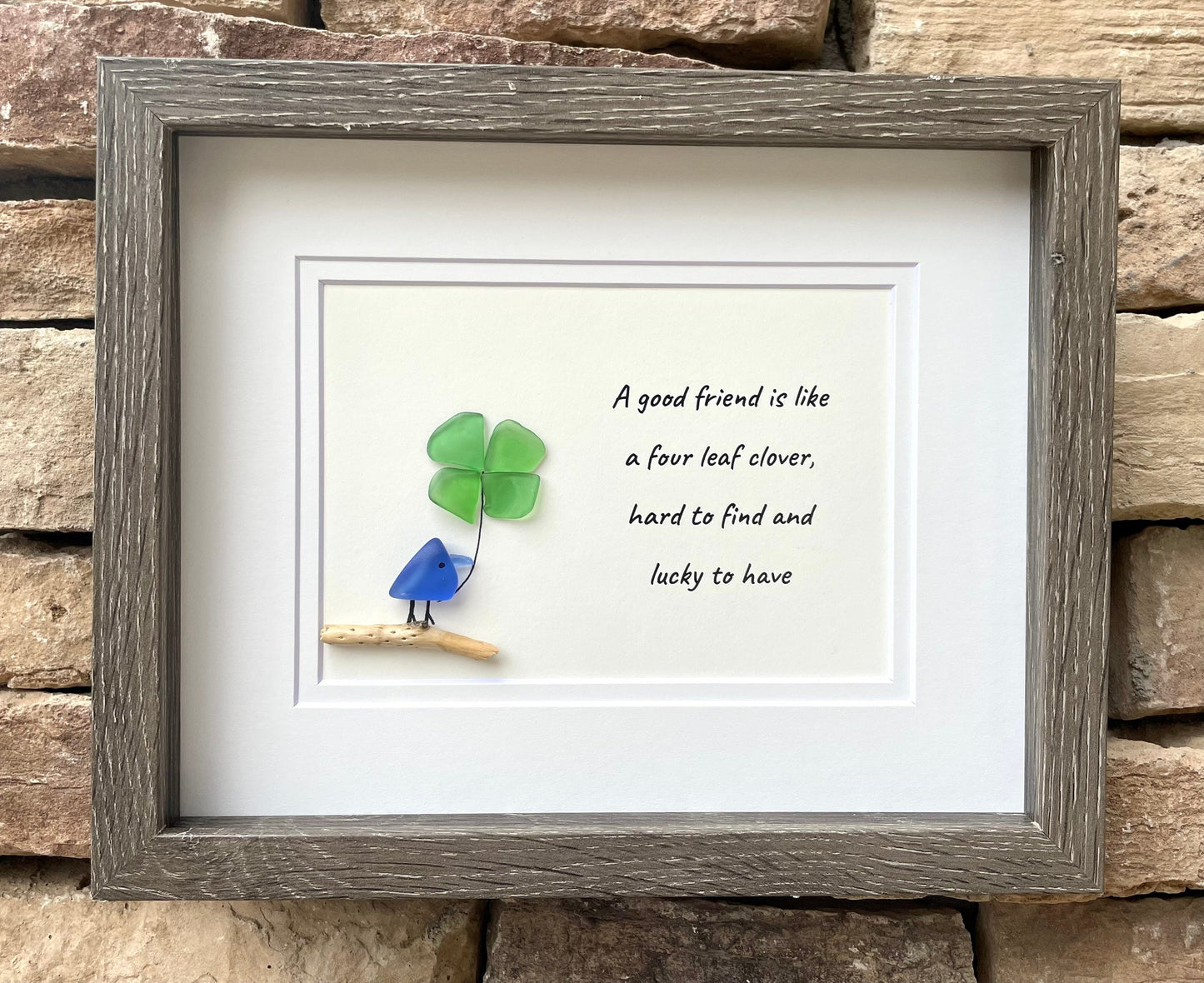 Sea Glass Art - Four Leaf Clover, St Patrick's Day, Framed Handmade Artwork