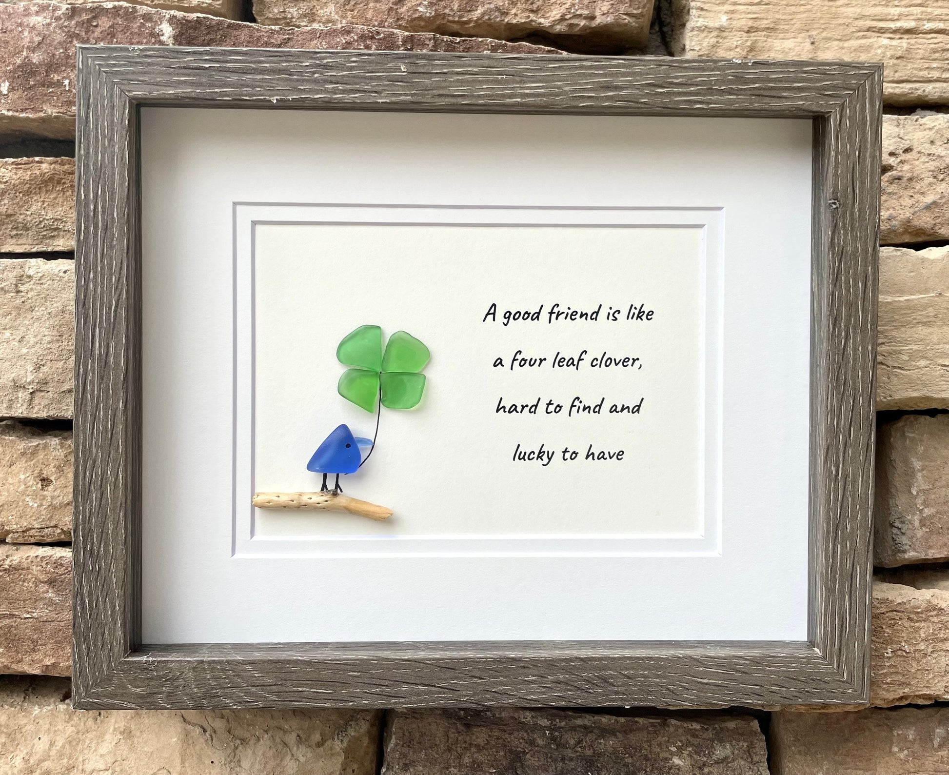 Sea Glass Art - Four Leaf Clover, St Patrick's Day, Framed Handmade Artwork